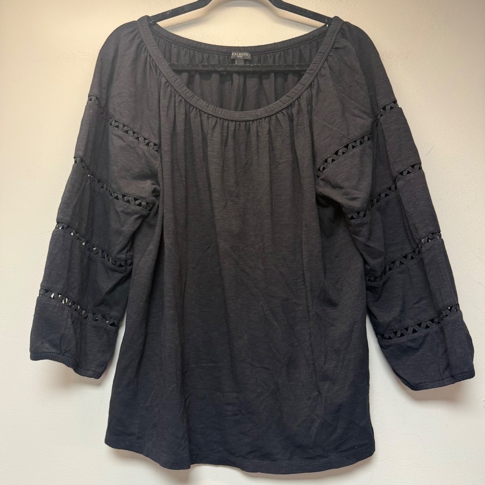 Talbots Blouse Womens XL Petite Black Excellent Ladder Lace Crochet 3/4 Sleeve